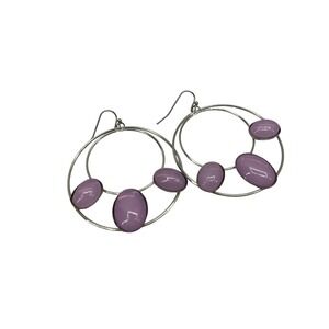 Silver Tone Double Hoop Earrings with Purple Oval Cabochon Stones Boho Dangle